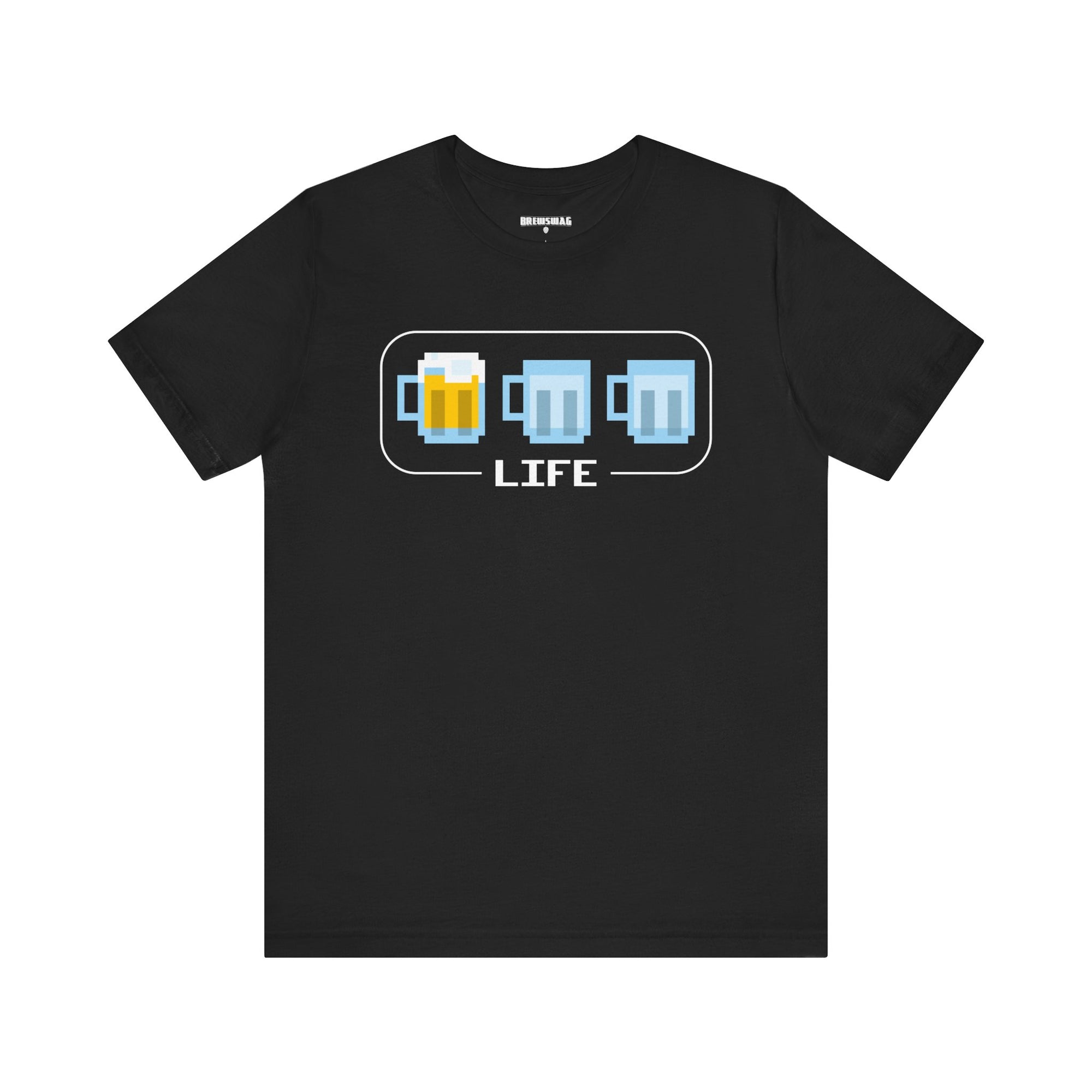 Stylized gamer shirt referencing 80s/90s life meter with beer mugs