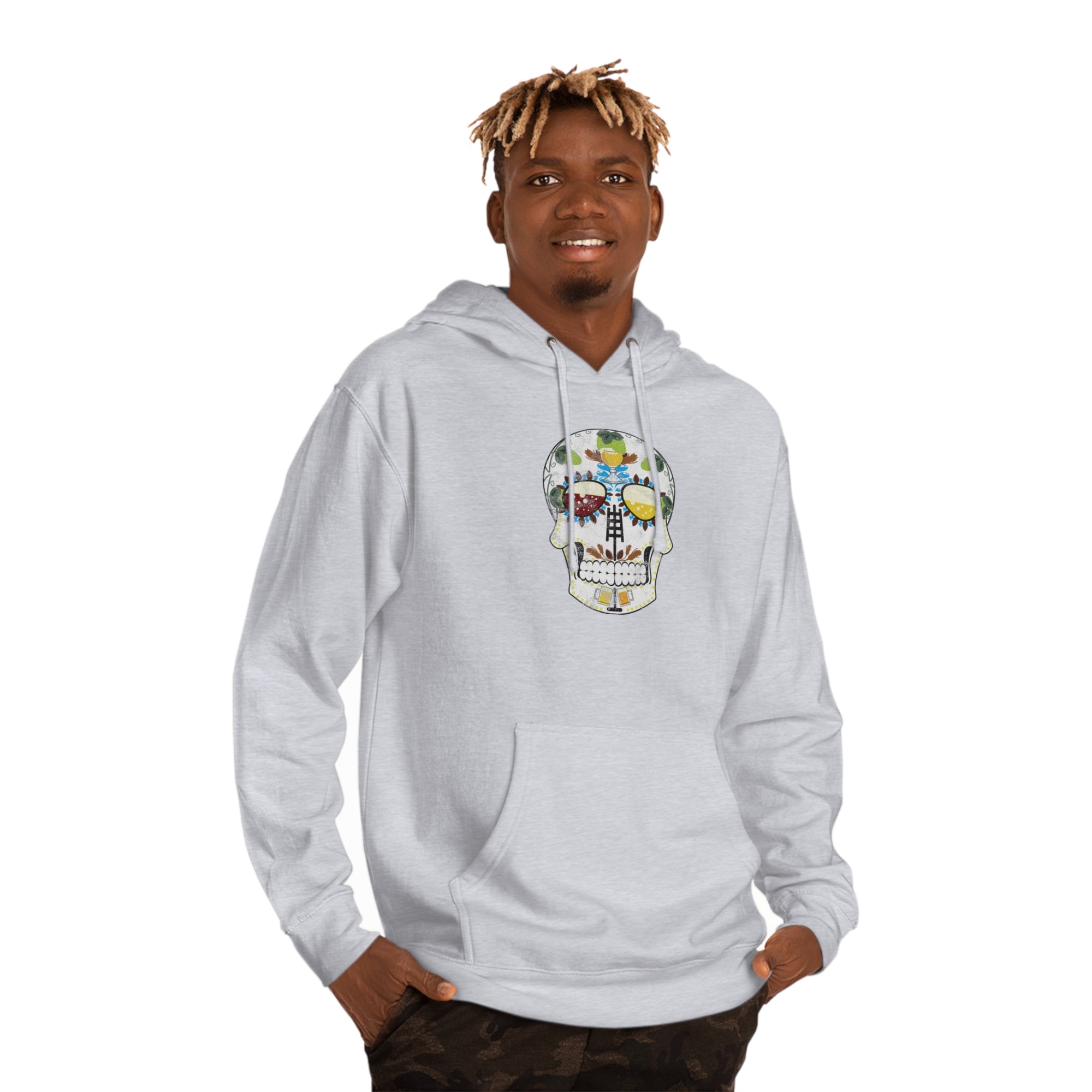 Vibrant skull design on a unisex hoodie perfect for homebrewing enthusiasts