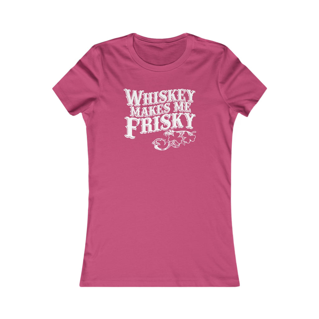 Berry-colored women’s tee with ‘Whiskey Makes Me Frisky’ text and filigree accents