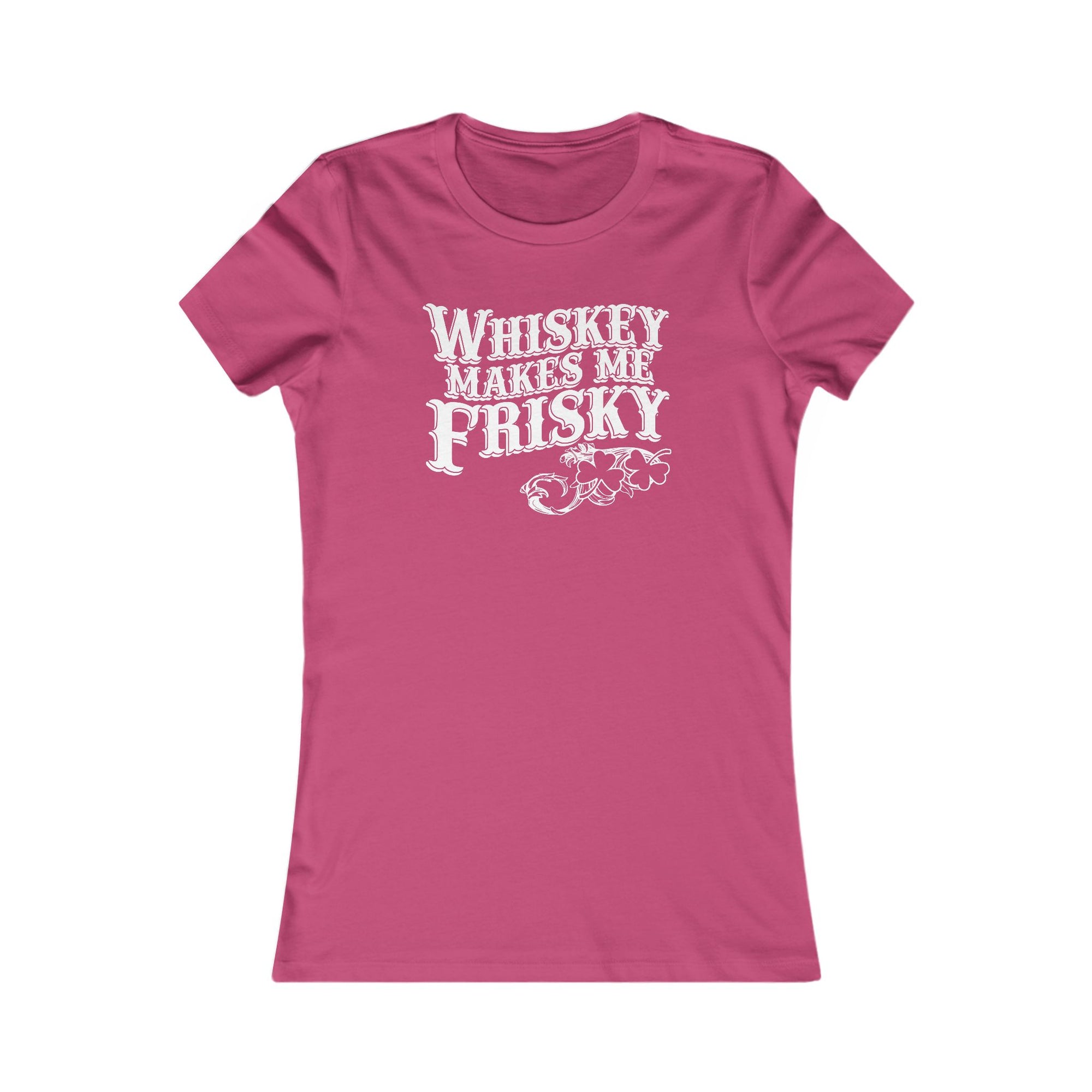 Berry-colored women’s tee with ‘Whiskey Makes Me Frisky’ text and filigree accents