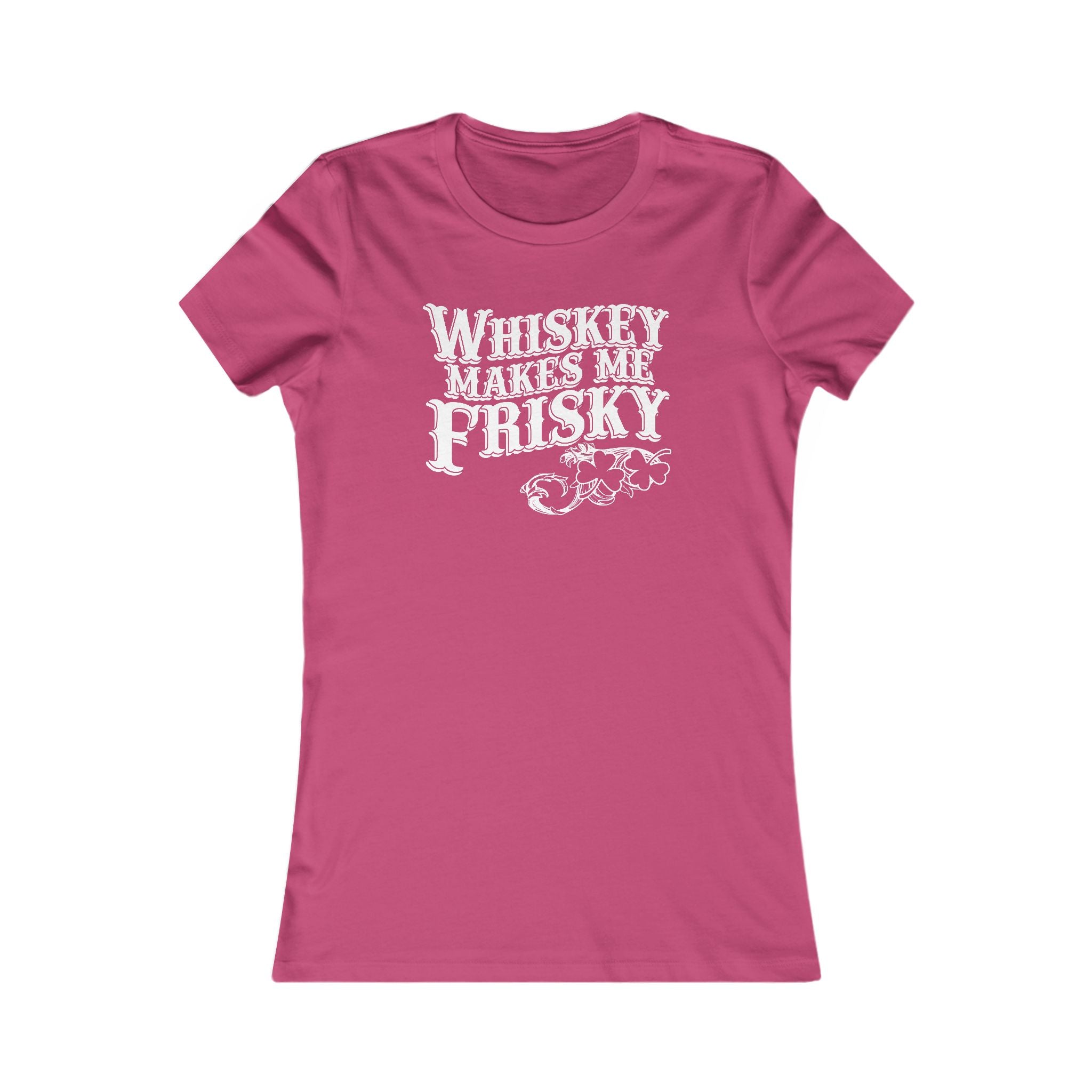 Berry-colored women’s tee with ‘Whiskey Makes Me Frisky’ text and filigree accents