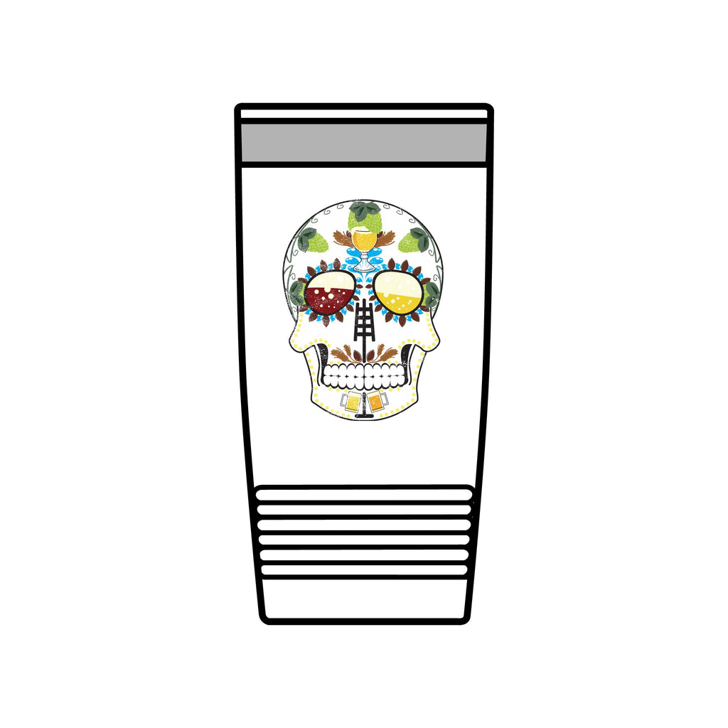 “White Brewer’s Sugar Skull 20oz Travel Mug featuring beer-themed calavera design