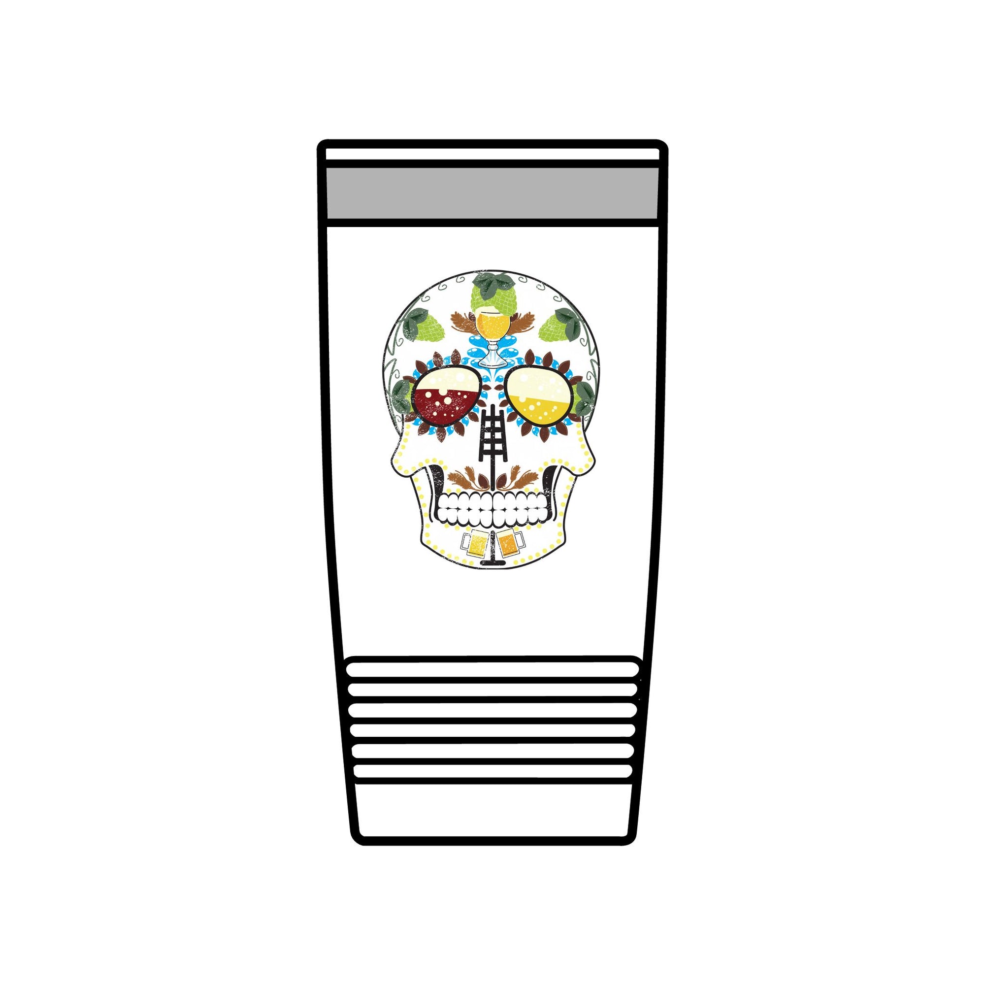 “White Brewer’s Sugar Skull 20oz Travel Mug featuring beer-themed calavera design