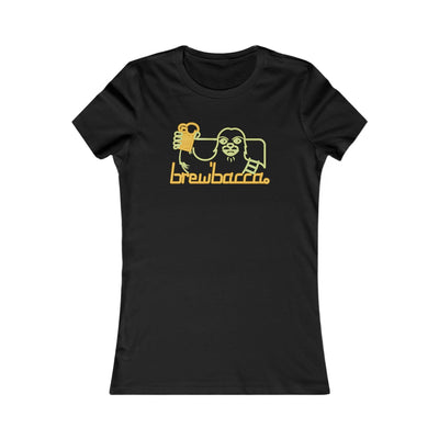 Women’s black Brewbacca T-shirt featuring a neon cosmic creature with a beer glass