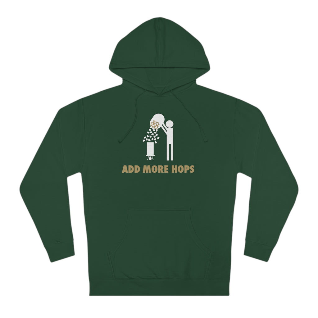 Close-up of the brewing-themed front graphic on the Add More Hops hoodie.