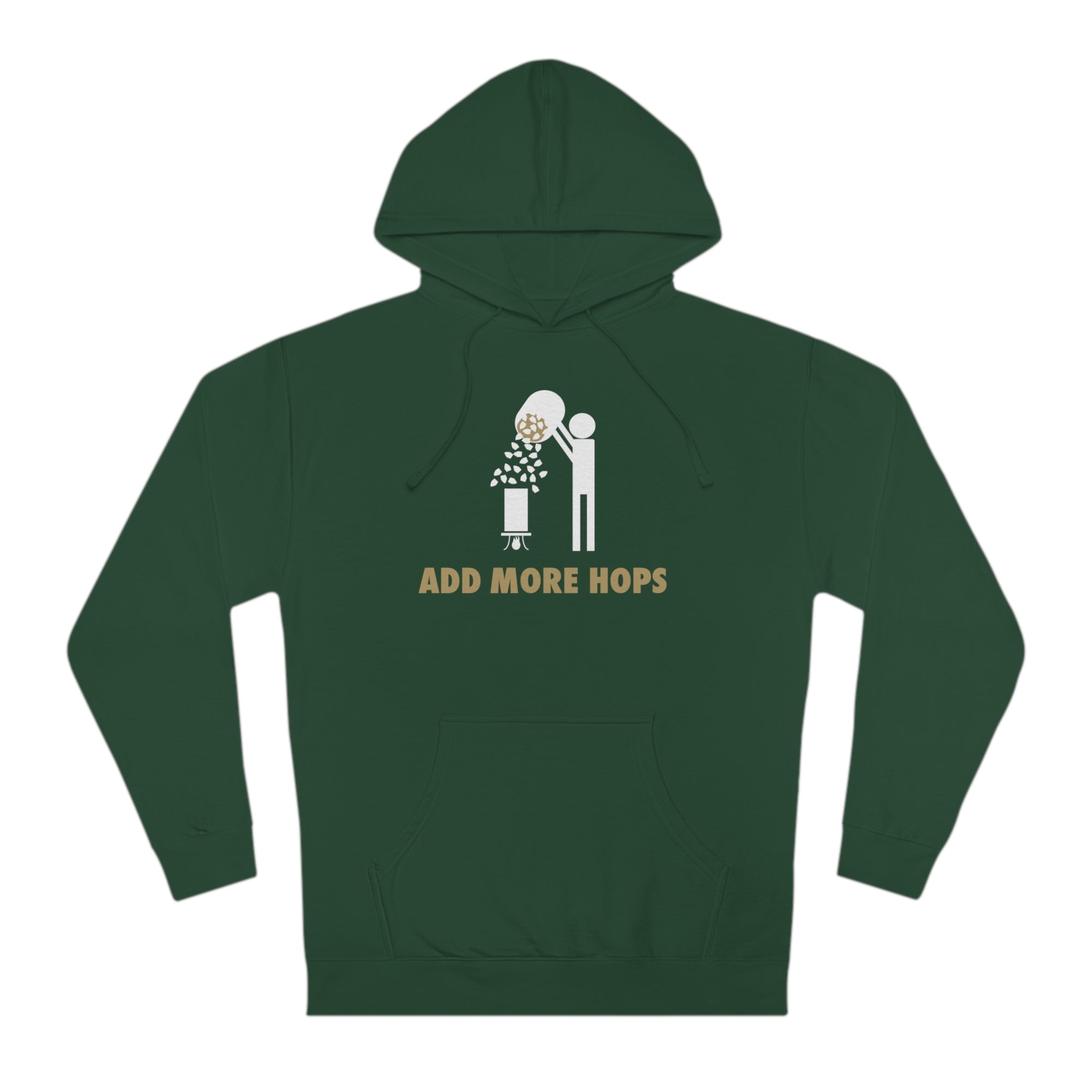 Close-up of the brewing-themed front graphic on the Add More Hops hoodie.