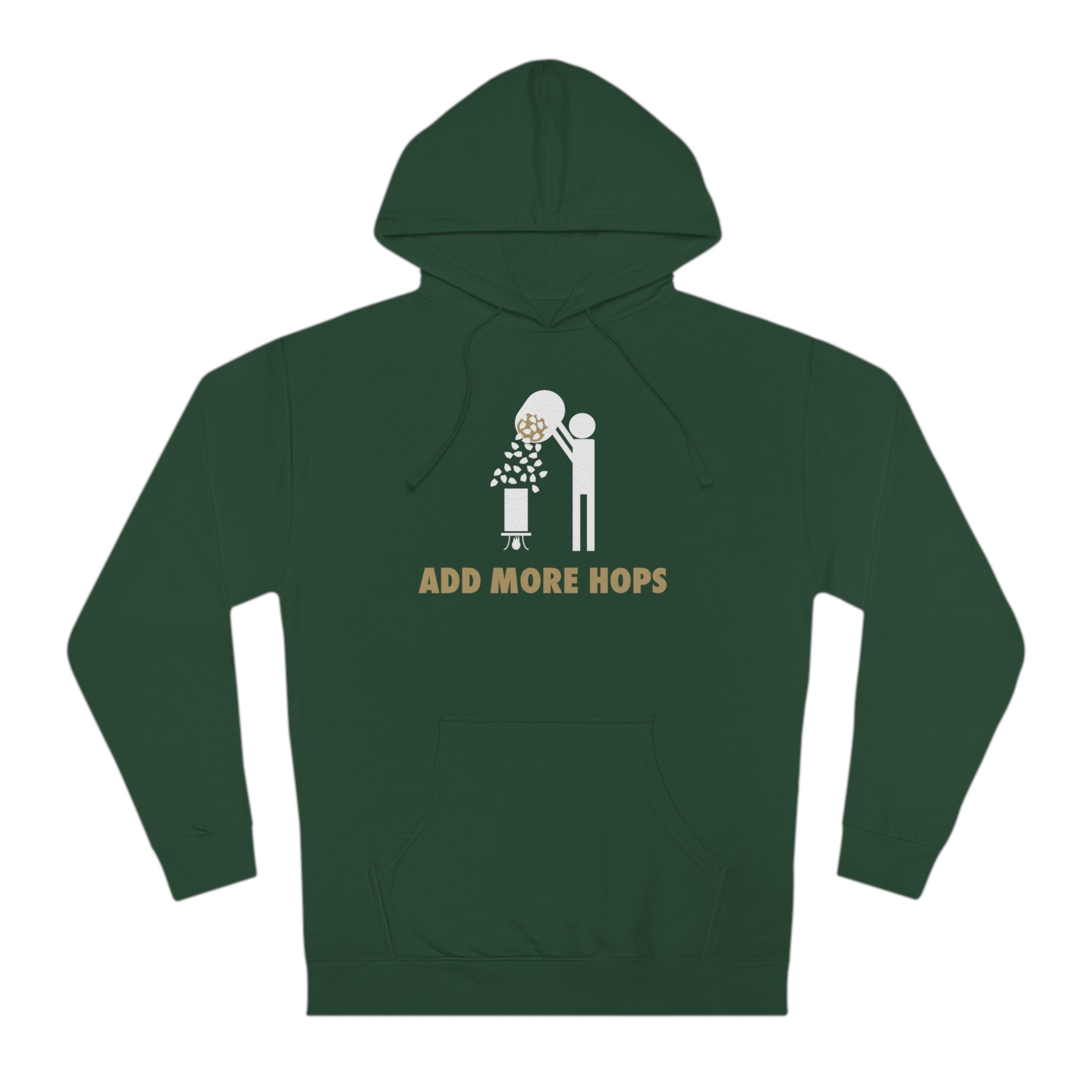 Close-up of the brewing-themed front graphic on the Add More Hops hoodie.