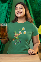 Soft cotton women’s t-shirt featuring a pixelated Irish leprechaun design