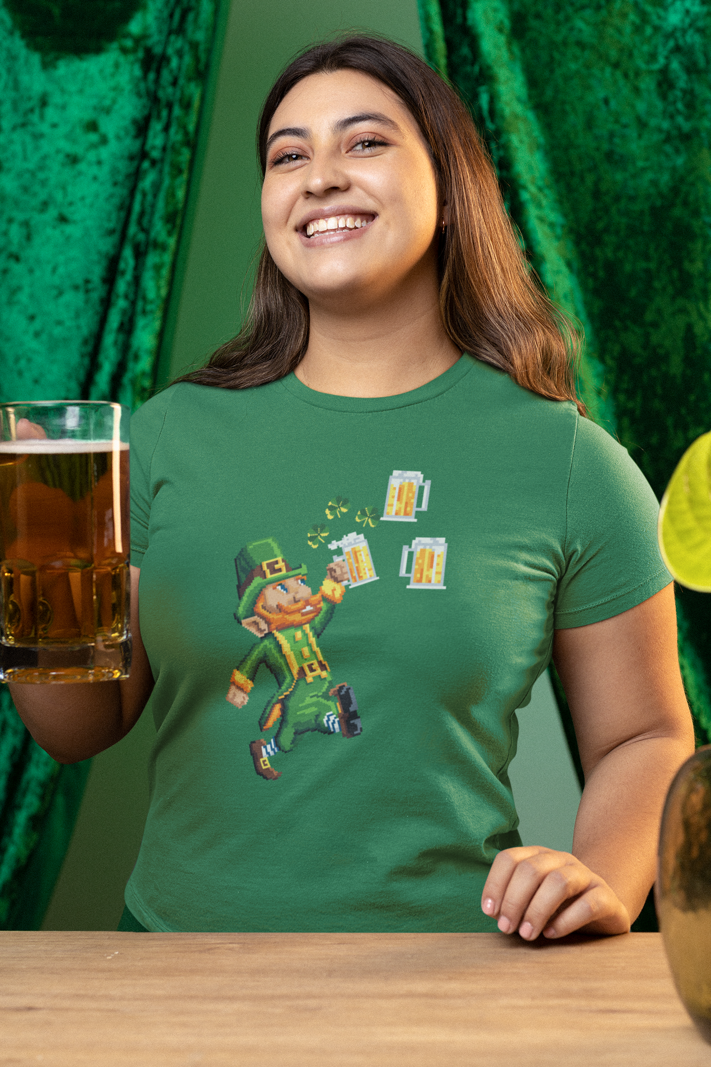 Soft cotton women’s t-shirt featuring a pixelated Irish leprechaun design