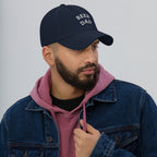 Unstructured low-profile Beer Dad cap in navy and spruce”