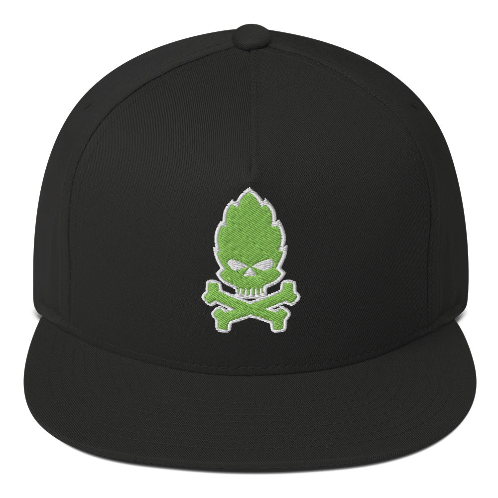 Black flatbill hat with green hop skull and crossbones embroidery