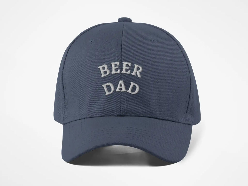 Beer Dad Hat in navy with white embroidered text