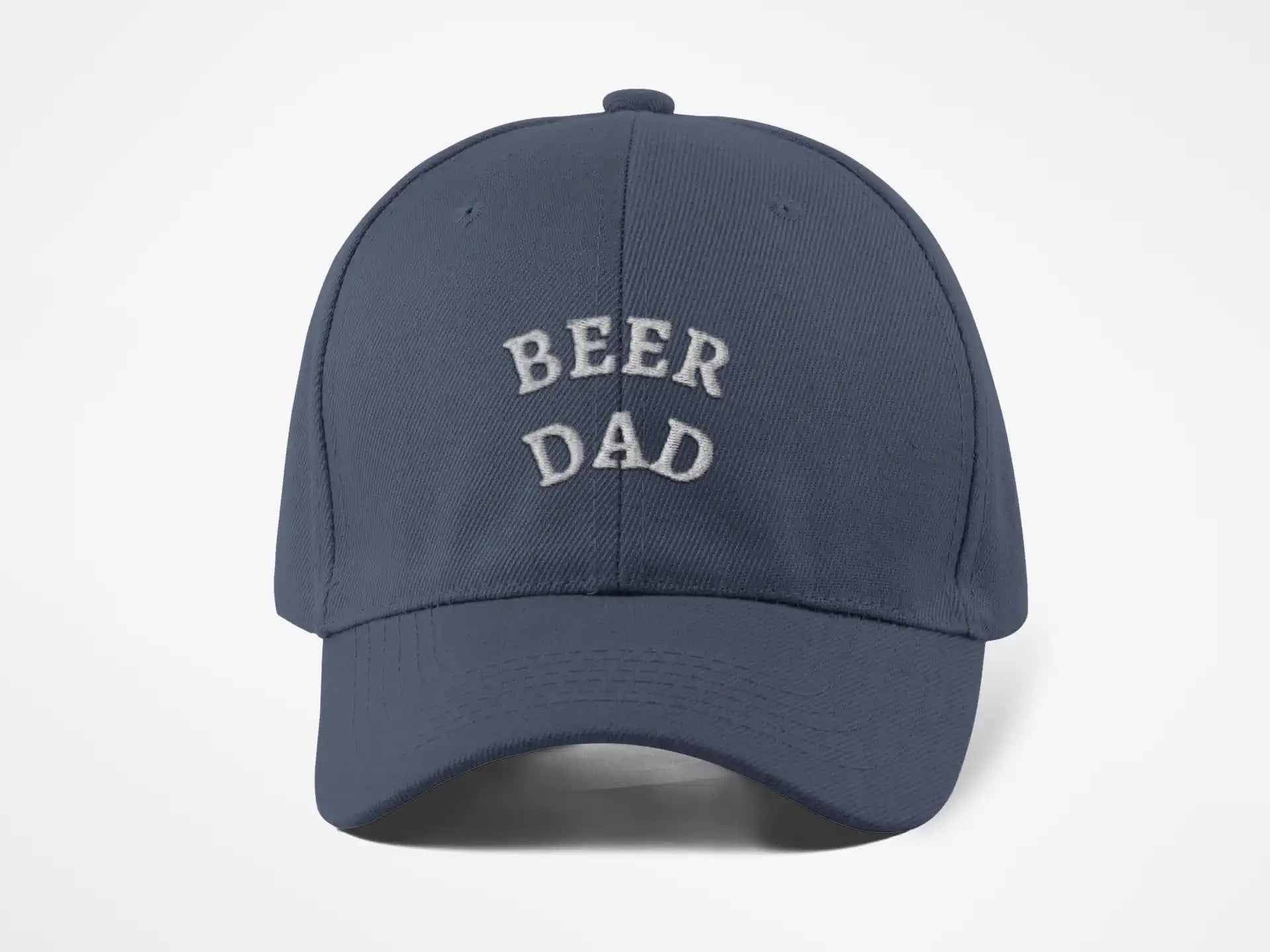 Beer Dad Hat in navy with white embroidered text