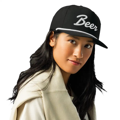 Black casual cap with embroidered Beer text and white rope