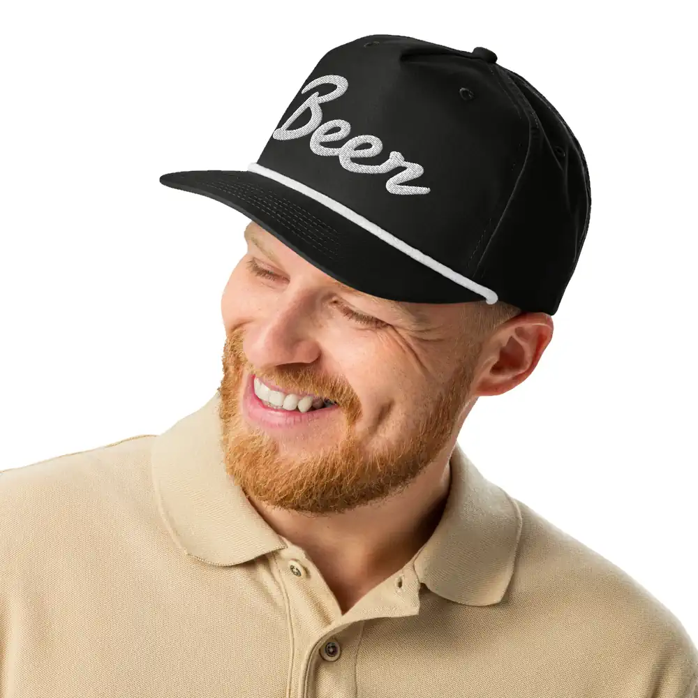 Golf-style beer hat with semi-curved brim and snapback