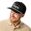 Golf-style beer hat with semi-curved brim and snapback