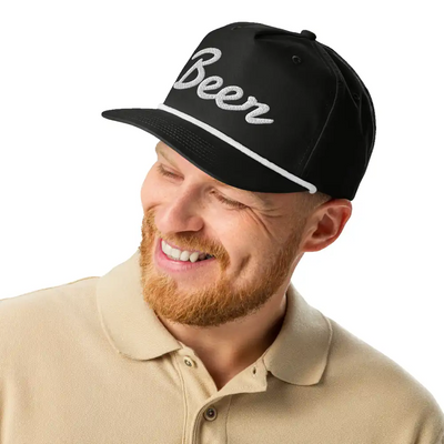 Golf-style beer hat with semi-curved brim and snapback