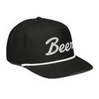 Black Beer Script Hat with white embroidery and rope detail
