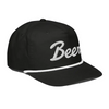 Black Beer Script Hat with white embroidery and rope detail