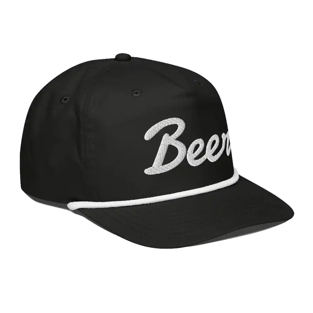 Black Beer Script Hat with white embroidery and rope detail