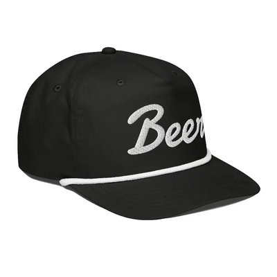 Black Beer Script Hat with white embroidery and rope detail