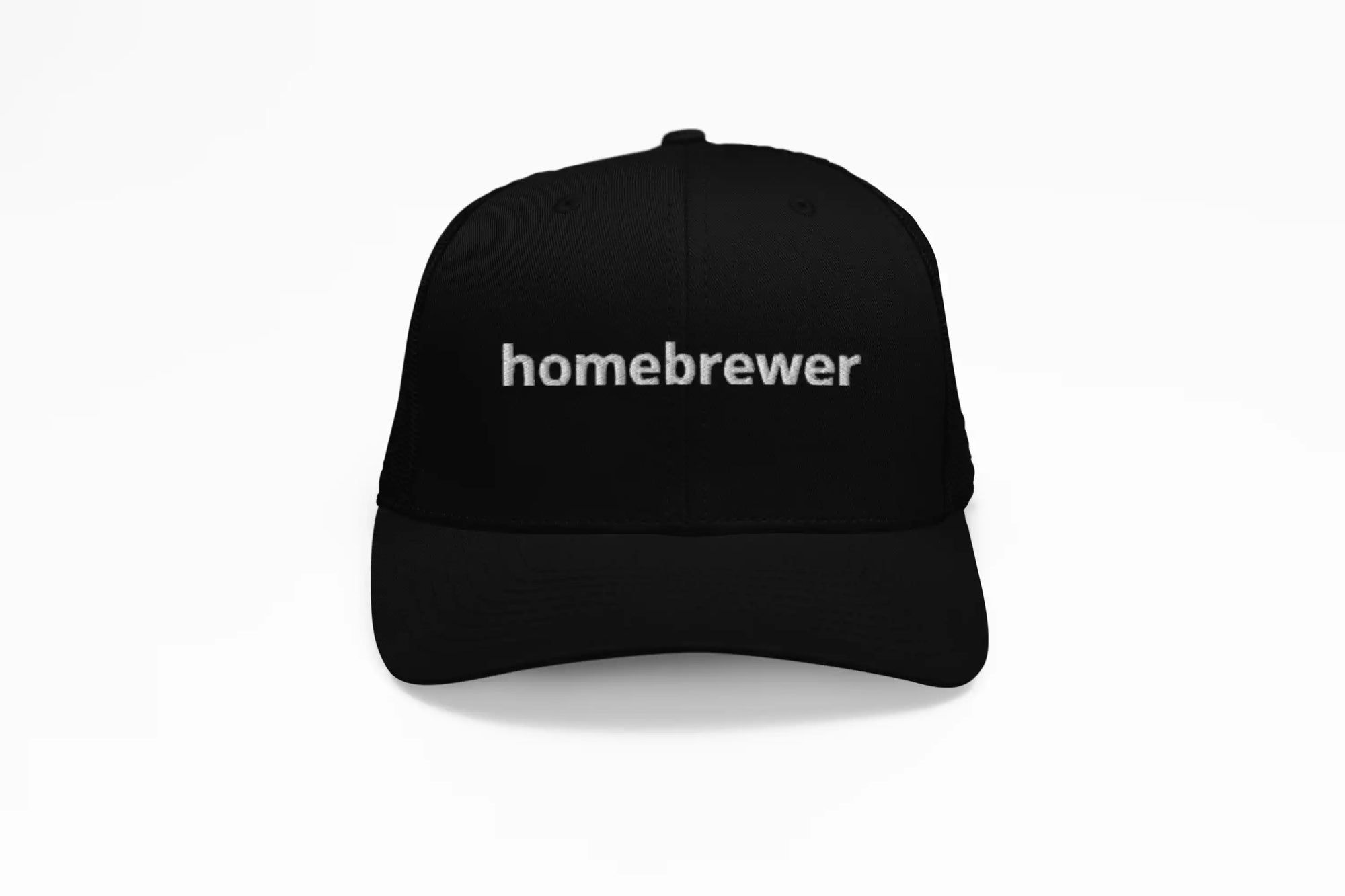 All black trucker hat with white embroidered text reading homebrewer
