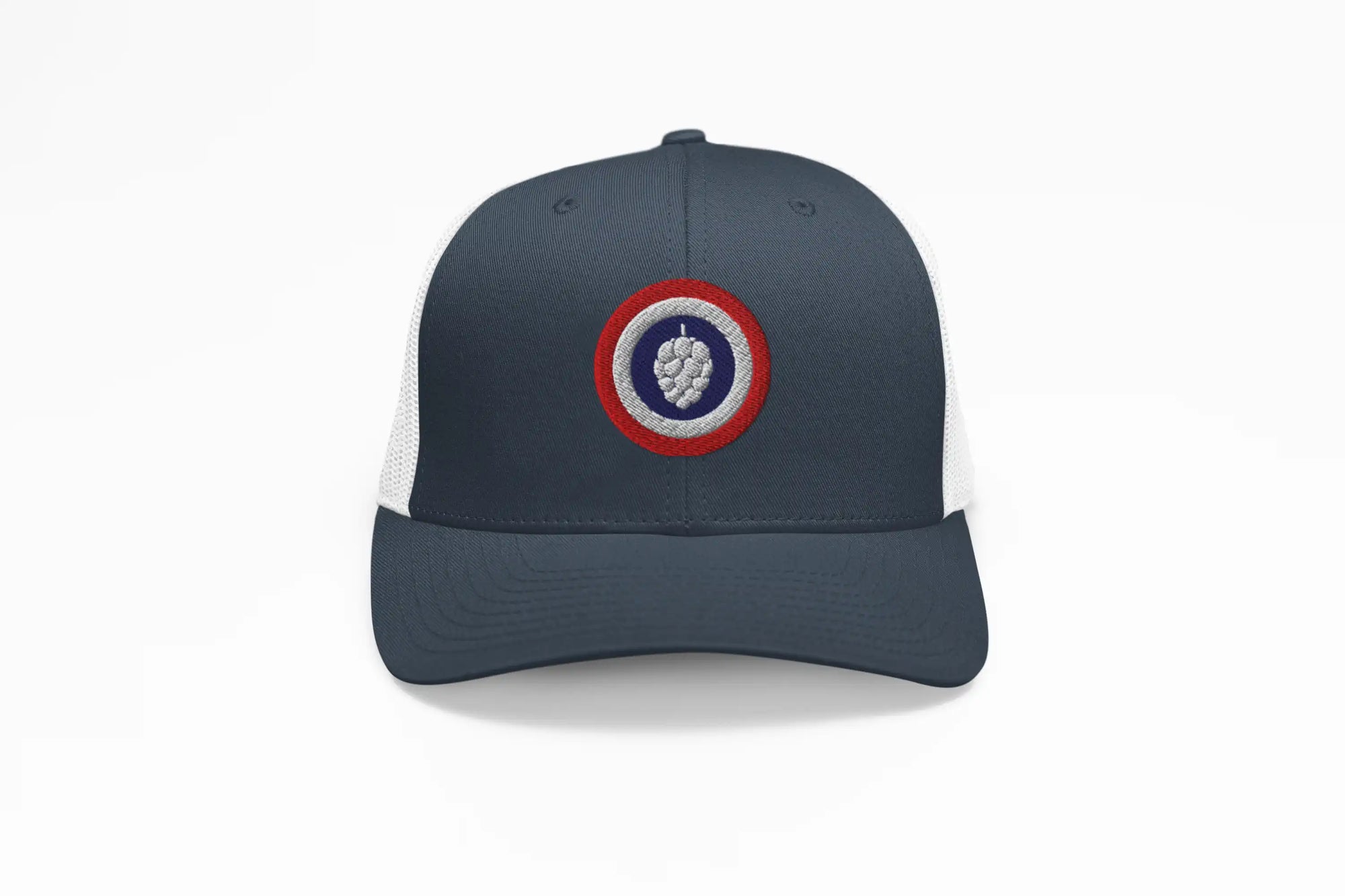Navy and white trucker hat with red, white, and blue hop cone logo