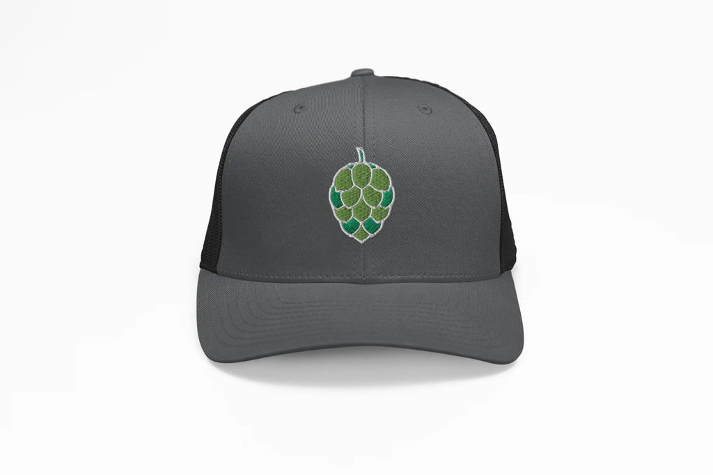 Charcoal trucker hat with 3D embroidered green hop cone