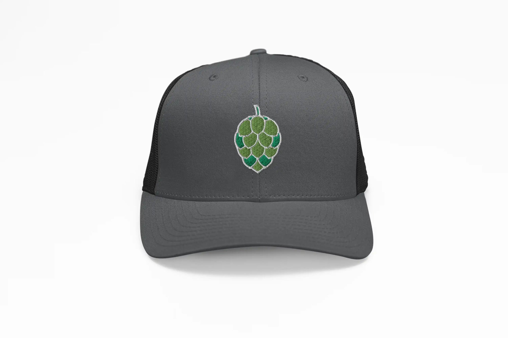 Charcoal trucker hat with 3D embroidered green hop cone