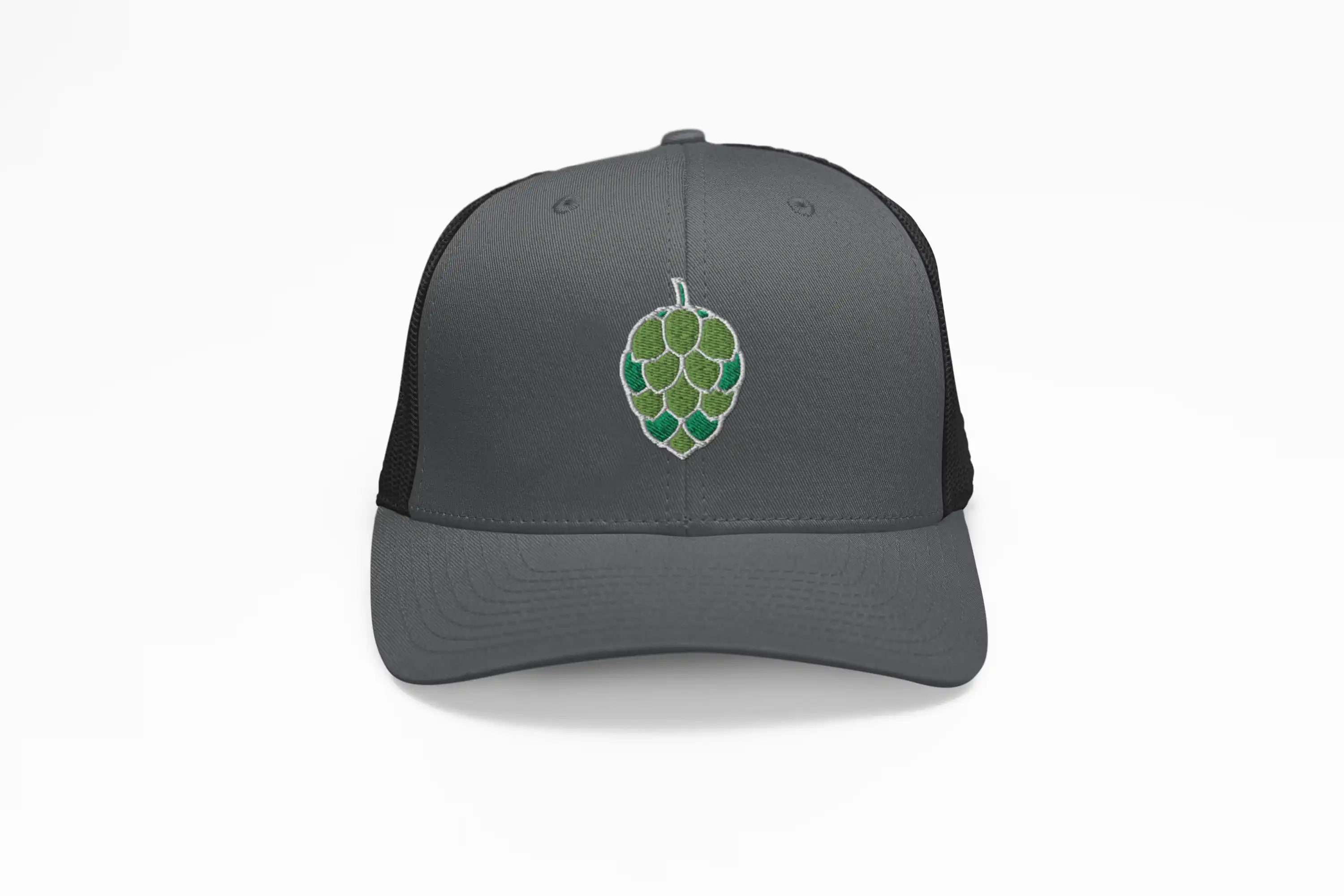 Charcoal trucker hat with 3D embroidered green hop cone