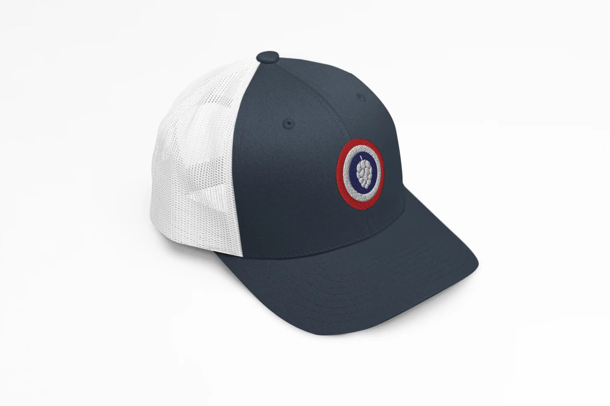 Captain America-inspired hop cone trucker hat with mesh back