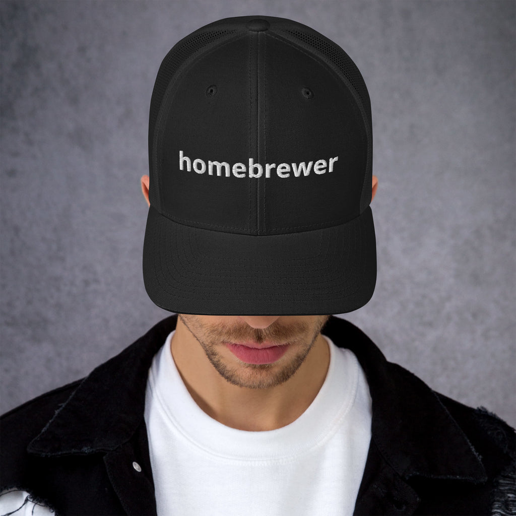 Black mesh-back hat with simple white homebrewer design