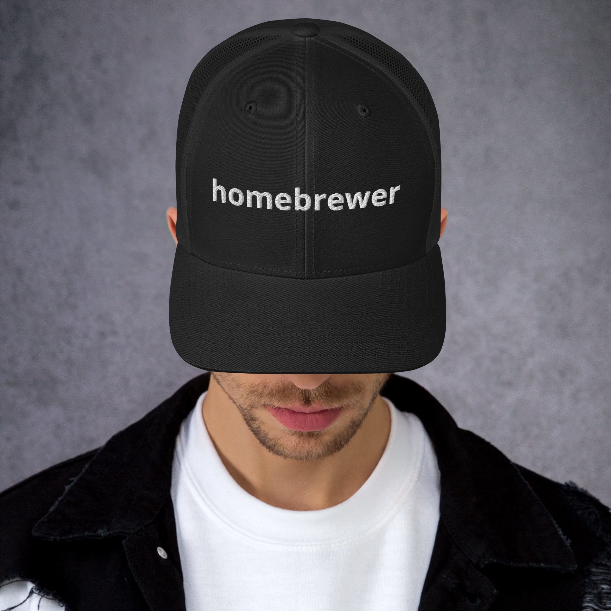 Black mesh-back hat with simple white homebrewer design