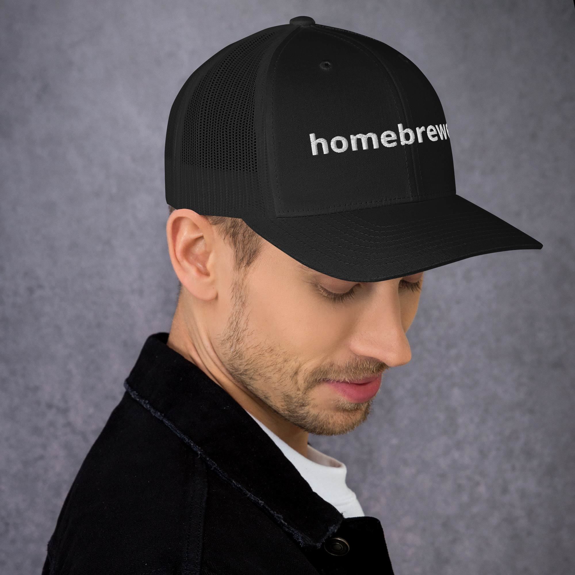 Craft beer hat with bold white homebrewer text on black fabric
