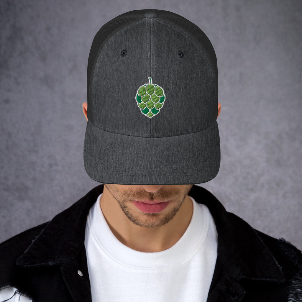 Craft beer trucker cap featuring bold green hop embroidery