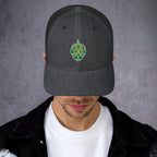 Craft beer trucker cap featuring bold green hop embroidery