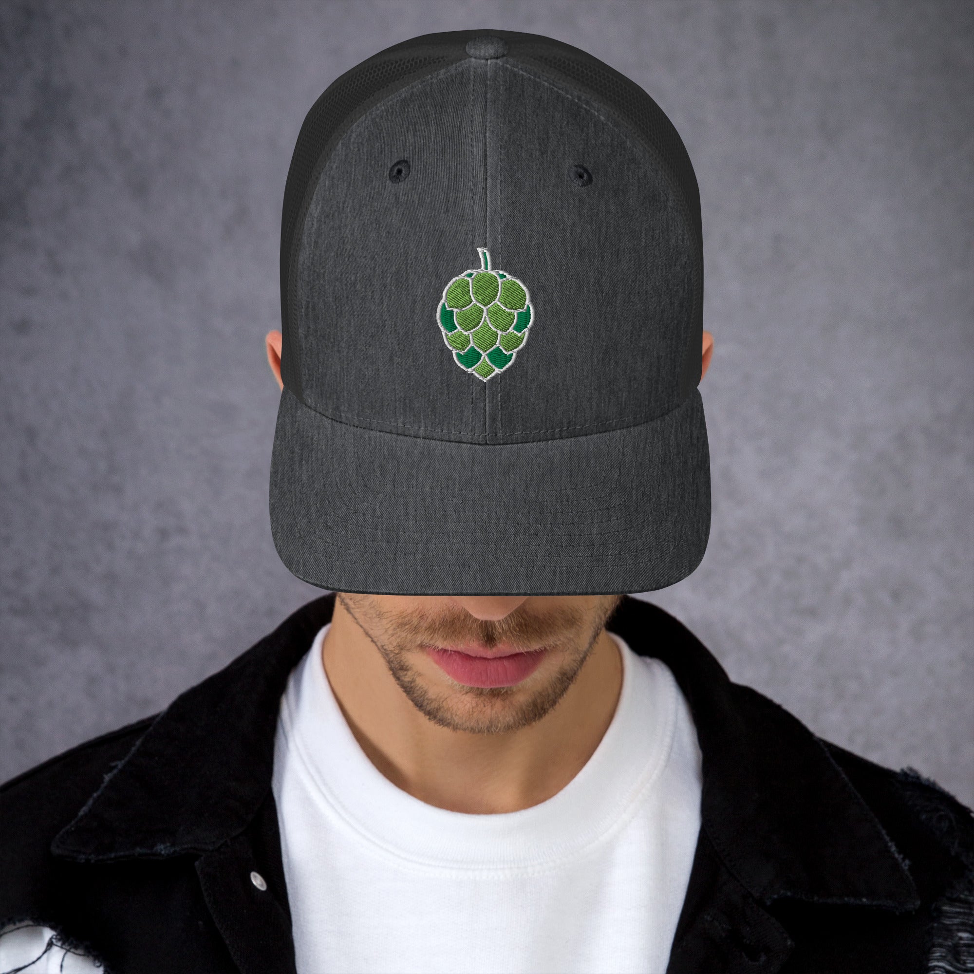 Craft beer trucker cap featuring bold green hop embroidery