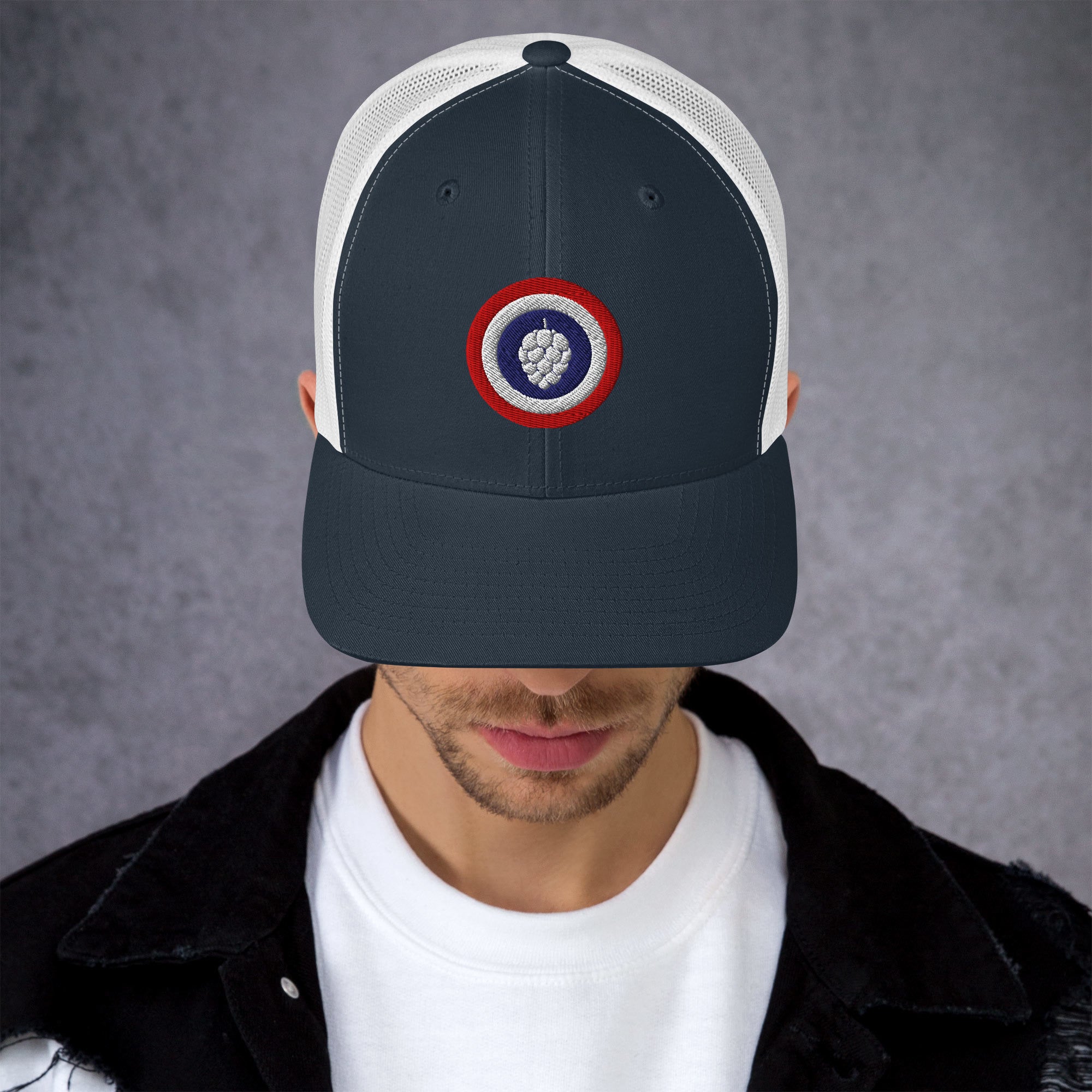 Craft beer hat featuring patriotic hop design on navy and white cap