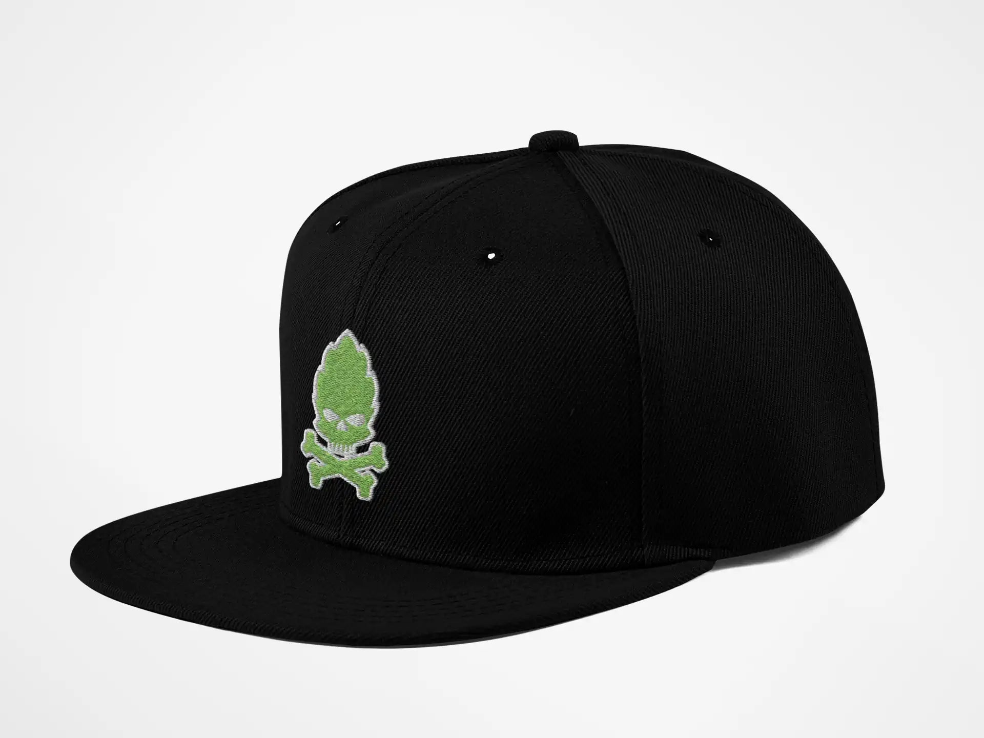 Five-panel black hat with bold hop skull 3D embroidery