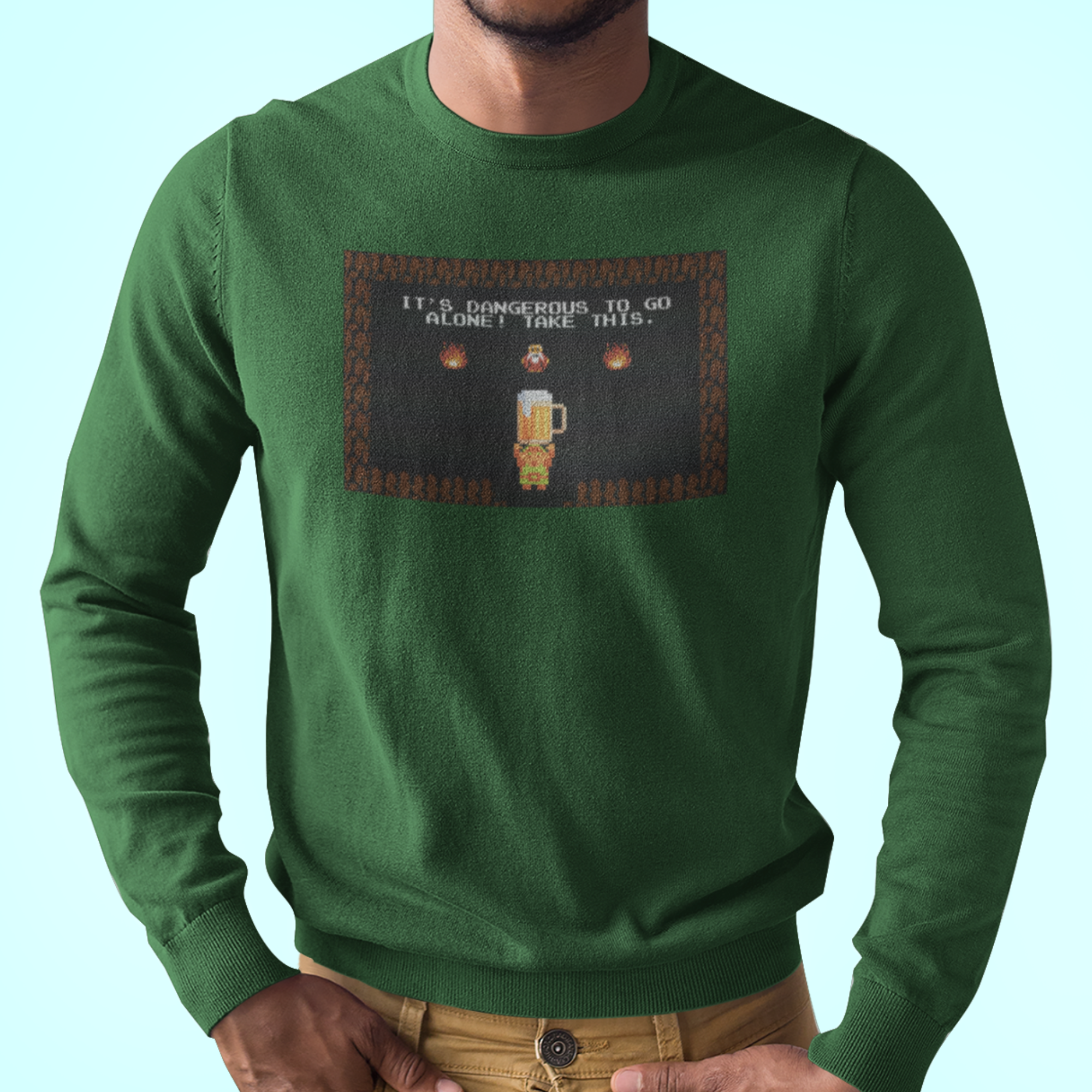 Black long-sleeve tee with dangerous to go alone beer graphic