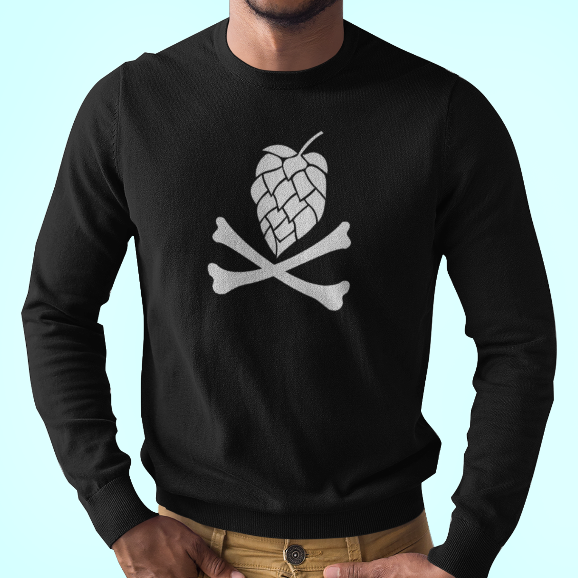 Black long-sleeve shirt with white hop cone skull and crossed bones graphic