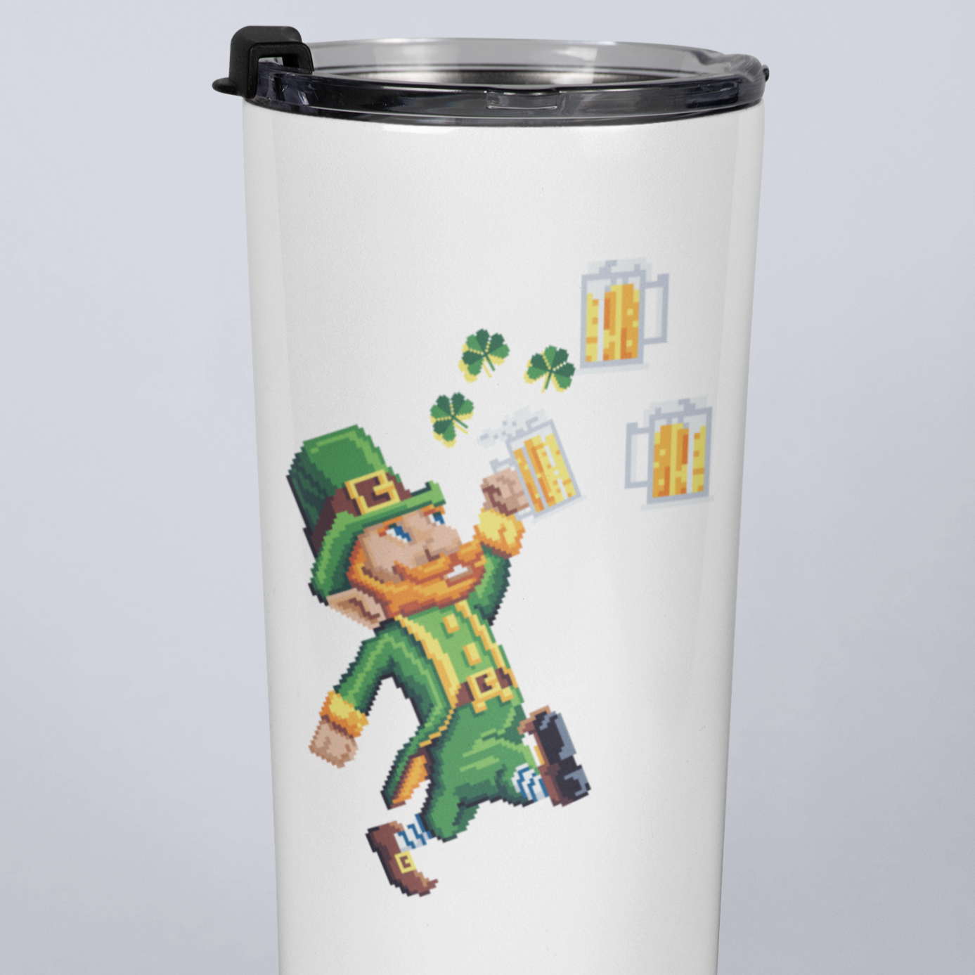 Durable and insulated 8-Bit Leprechaun travel mug with a tight-fitting lid.