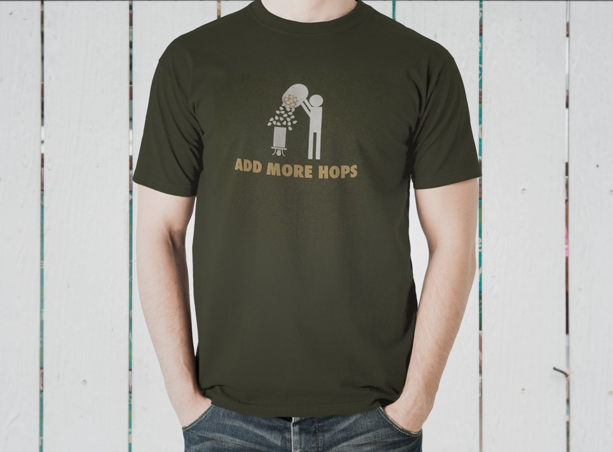 Close-up of the playful brewing graphic on the Add More Hops t-shirt.