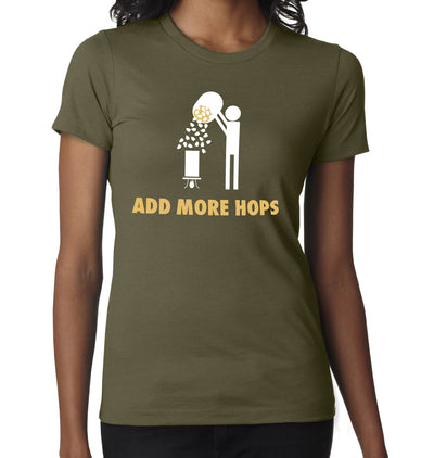 Add More Hops Women’s T-Shirt with brewing-themed front graphic.