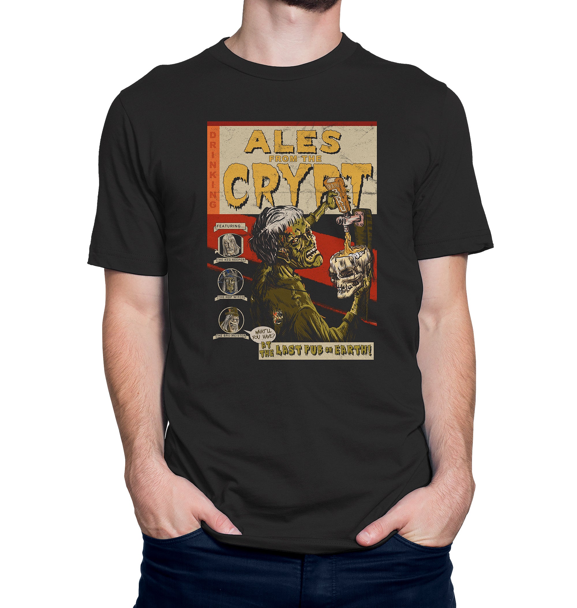 Ales From The Crypt unisex t-shirt with spooky zombie pub crawl design