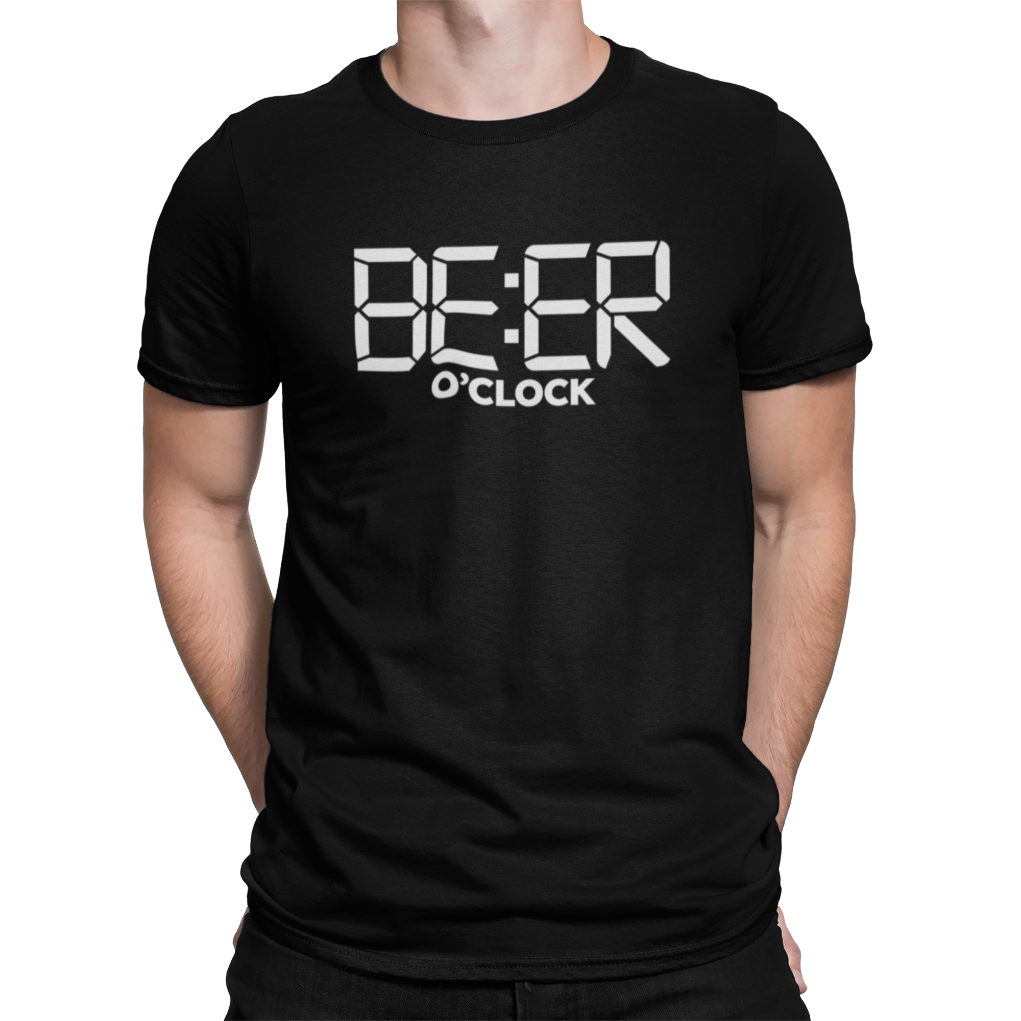 Black t-shirt with clock face graphic showing It’s BEER O’Clock