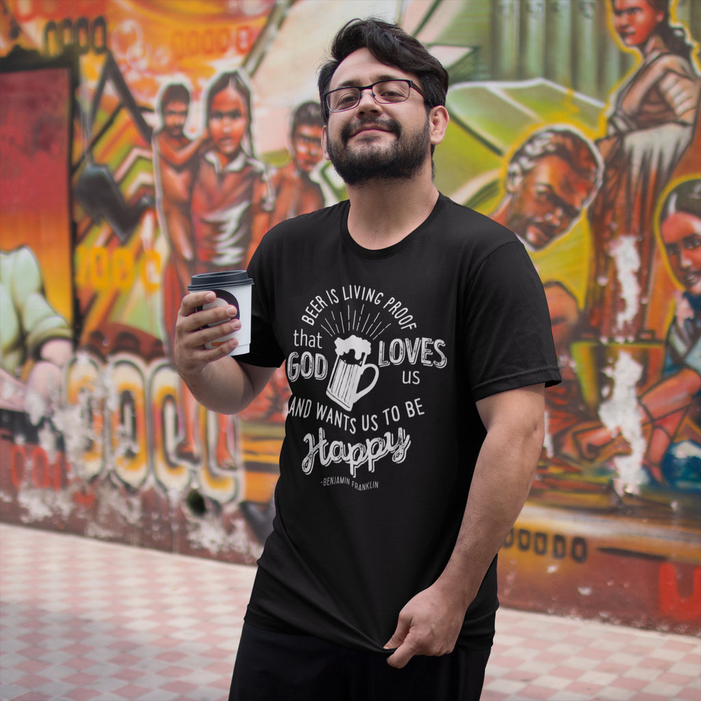 BrewSwag brand T-shirt celebrating Ben Franklin’s rumored love of beer