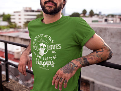 Front detail of Beer is Living Proof tee, ideal for craft beer enthusiasts