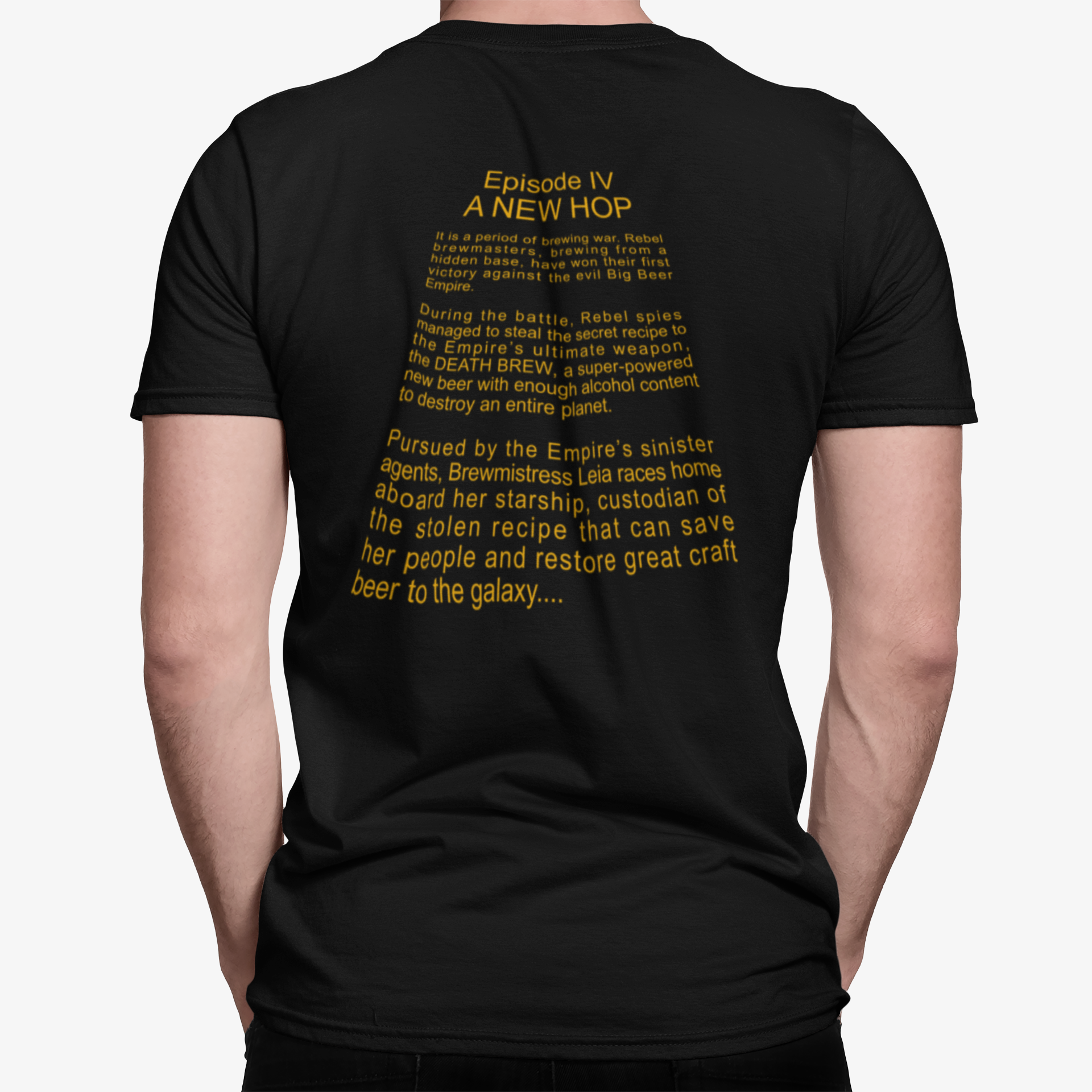 Back view of Beer Wars T-shirt featuring Episode IV A New Hop storyline