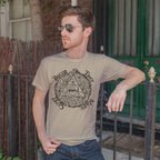 Retro alchemy graphics with a playful twist—celebrating the magic of bacon on a cozy t-shirt.